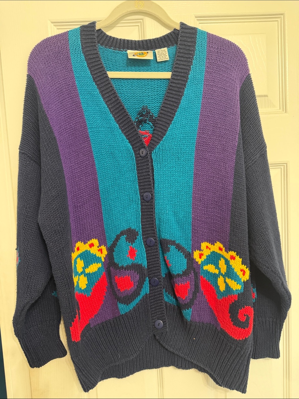 Vintage Women’s Colorblock Button-Front Sweater Cardigan - Teal, Purple, Navy